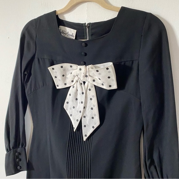 Vintage Little Black Dress White Polkadot Bow 60s Bobbie Brooks Womens Small - Picture 3 of 11